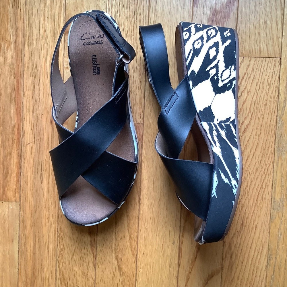 Clarks Collection Leather Wedge Sandals - Stasha Hale Black White SZ 9 - Picture 13 of 14